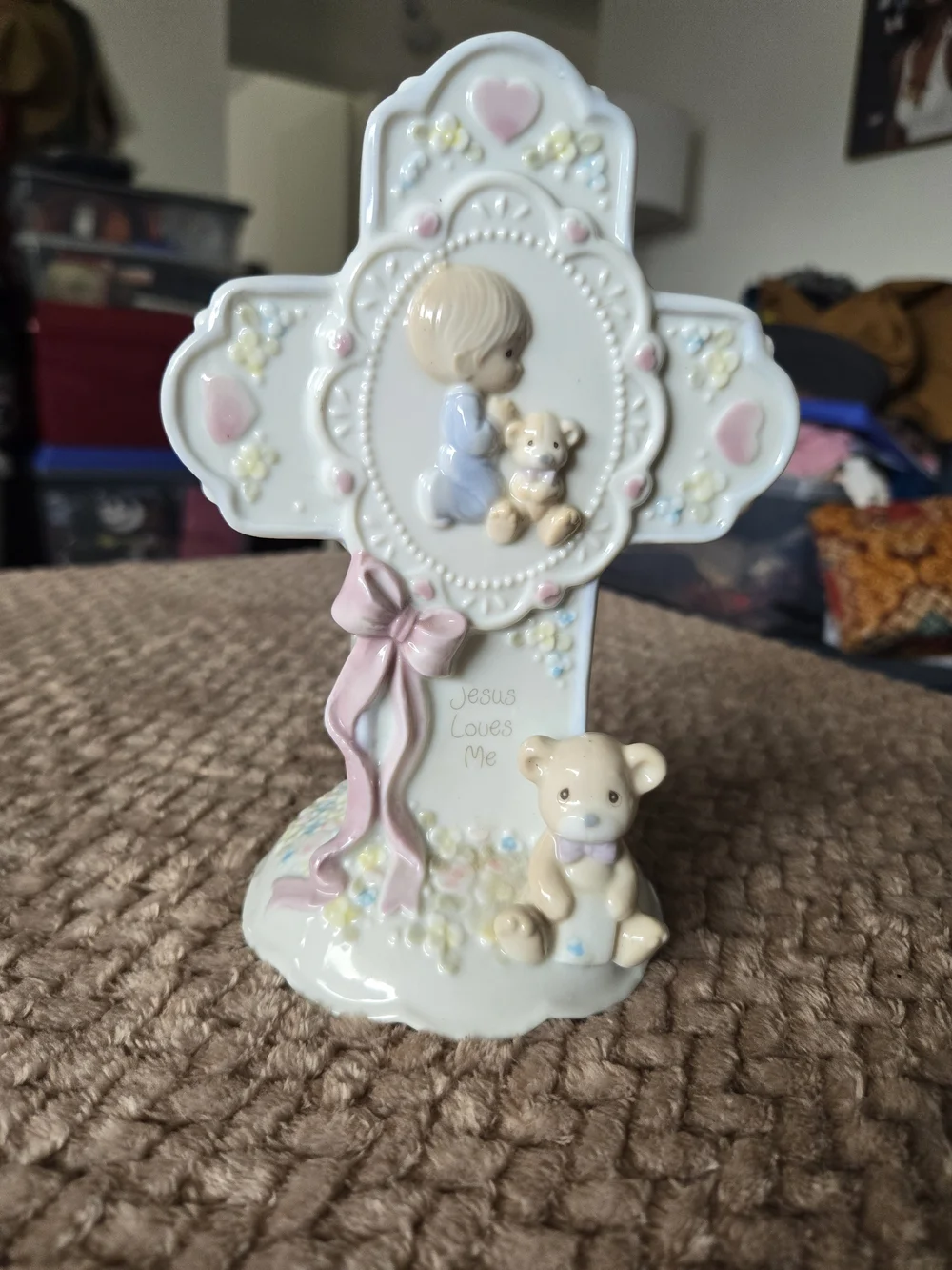 Vintage 1993 Precious Moments Jesus Loves Me Cross Boy Teddy Bear Enesco